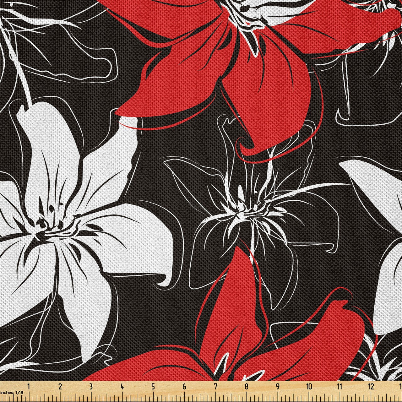 Ambesonne Red and Black Fabric by The Yard, Bedding Plants Flourishing Garden Pattern Retro Nature, Decorative Satin Fabric for Home Textiles and Crafts, 5 Yards, Black White Vermilion